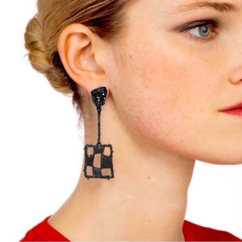ALEXIS BITTAR Black Encrusted Modern Georgian Checkerboard Drop Earrings- NWOT